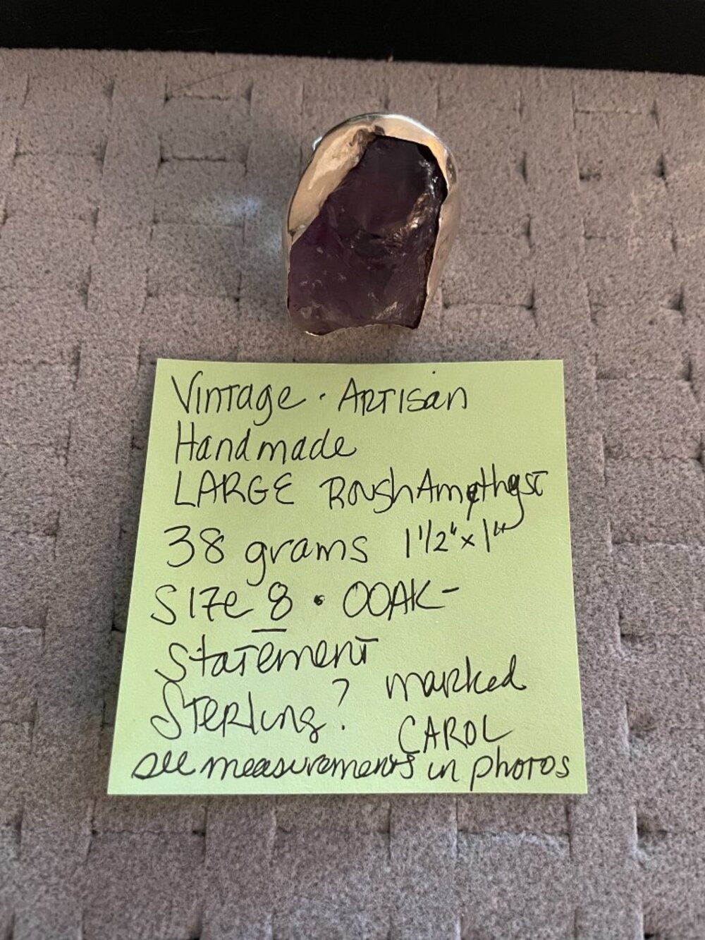 Vintage Silver Statement Ring Amethyst Size 8 Handmade Artisan Signed CAROL $350 - Picture 16 of 16